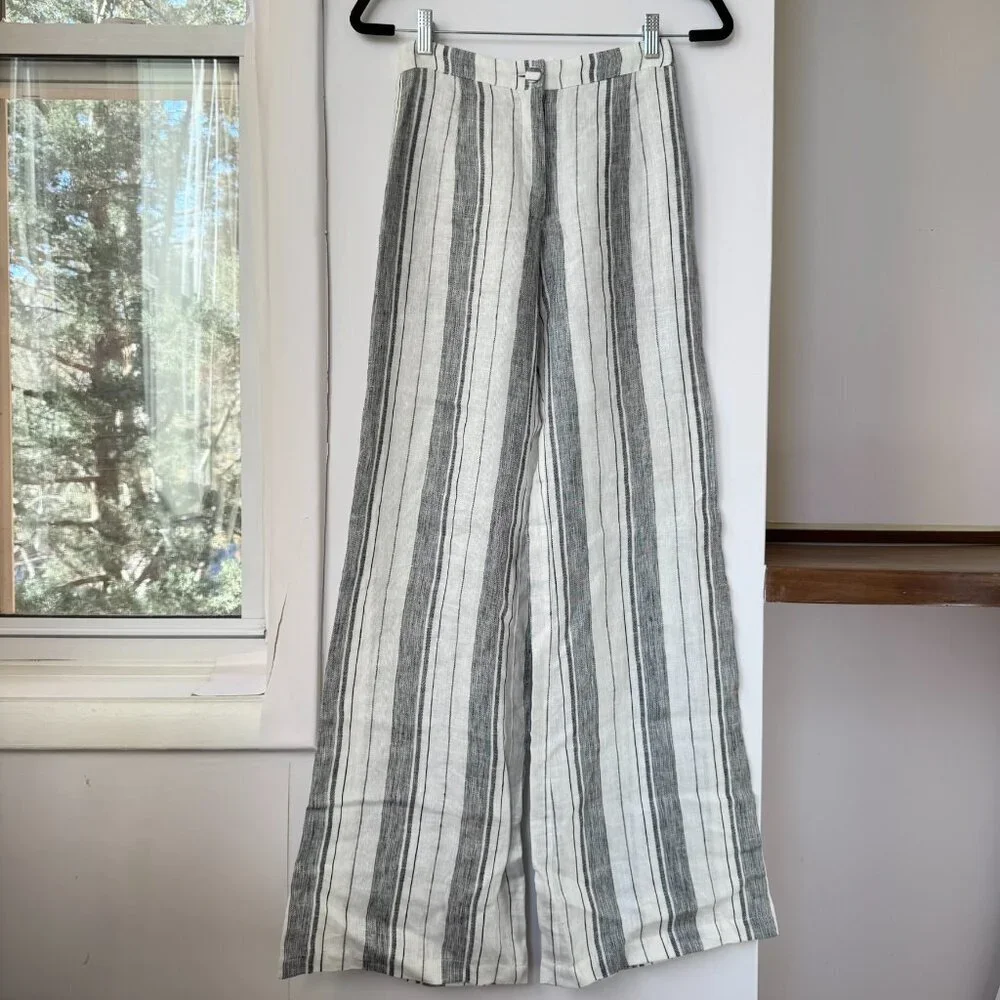 Reformation Romero Striped Linen Wide-Leg Pants White Grey 0